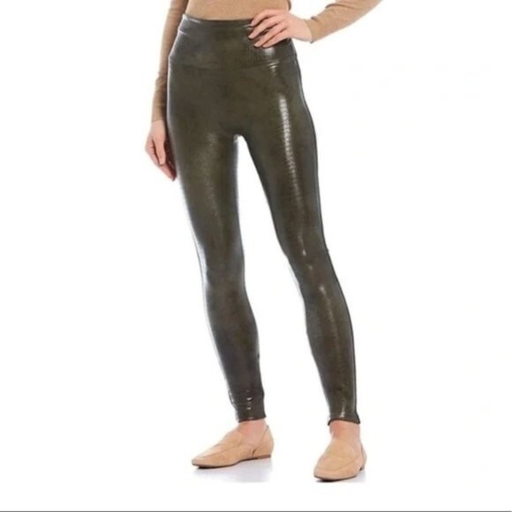Spanx Faux Leather Croc Leggings Olive Green High Waisted Metallic Medium